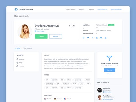 Hey fellow designers,  I present you Svetlana, a sexy full-stack developer looking for collaborations. Any of you interested? Web Design Profile, Profile Ui Web, User Profile Ui Design, Login Web, Web Development Logo, Design Cv, Profile Website, Restaurant Web, Ui Design Trends