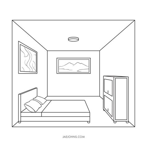 Perspective Line Drawing, How To Draw Bedroom, Drawings Of Bedrooms, Bedroom Drawing Easy, How To Draw Rooms, One Point Perspective Drawing Room, 3d Room Drawing, Interior Space Drawing, Bedroom Drawing Ideas