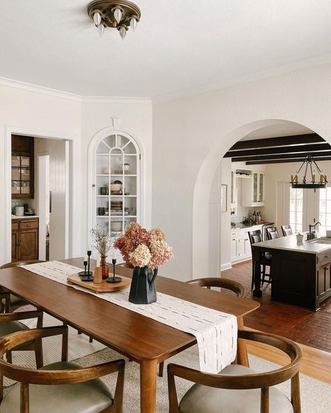 Dining Room Near Staircase, Bedroom Off Dining Room, Dining Room With Hardwood Floors, Living Room With Archway To Dining Room, Dining Room Decor Wood, Dining Room To Kitchen Transition, Front Door To Dining Room, Hallway Dining Room, Old Home Dining Room