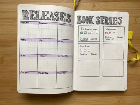 Book series and anticipated book releases by month trackers bullet journal. Write the book title of your most anticipated releases in the month box of the month the books are due to be released. Reading Journal Book Series Tracker, Book Series Tracker Bullet Journal, Book Journal Series Tracker, Reading Journal Series Tracker, To Be Read Bullet Journal, Book Series Tracker, Bullet Journal Reading Log, Book Journal Layout, Bullet Notes