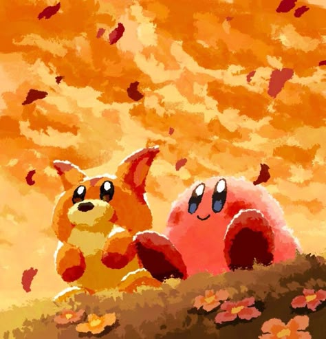 Orange Kirby Wallpaper, Kirby Autumn, Kirby Landscape, Kirby Art Nintendo, Kirby Wallpaper, Cute Kirby, Kirby And Friends, Kirby Character, Kirby Stuff