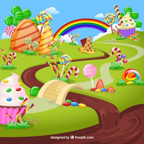 Tasty candy land background in flat style Free Vector | Premium Vector #Freepik #vector #background #food #chocolate #candy Candy Playground, Candy Land Background, Land Background, Different Desserts, Cute Coloring Pages For Kids, Kawaii Coloring Book, Arte Pop Up, Imprimibles Halloween, Background Food