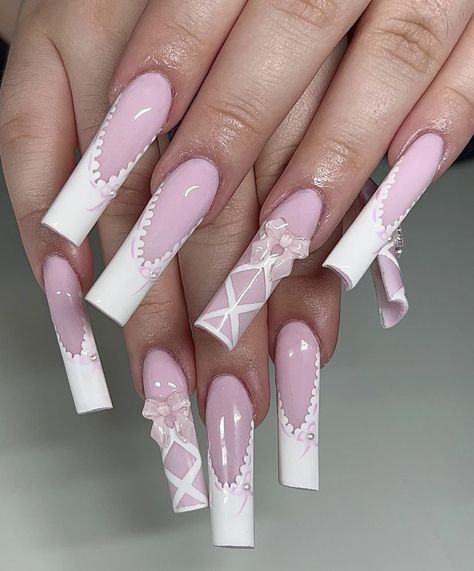 Ballerina Core Nails, Coquette Nails Long, Nails White French Tip, Pink Spiritual, Bow Nail Designs, Fake Nails White, Long Press On Nails, Really Cute Nails, Unique Acrylic Nails