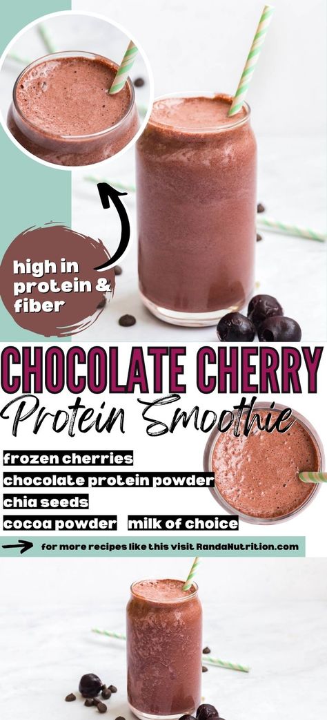 Craving something delicious and nutritious? Look no further than Chocolate Cherry Protein Smoothie! We've got the answer to all your cravings, with a protein shake that's creamy, fruity, and oh so satisfying. Get a boost of energy, with a chocolate cherry smoothie that will keep you going all day long! Dark Cherry Protein Shake, Protein Shake With Chocolate Protein, Chocolate Cherry Smoothie Healthy, Chocolate Cherry Protein Shake, Cherry Protein Smoothie, Smoothies With Chocolate Protein Powder, Cherry Protein Shake, Chocolate Protein Shake Recipes, Chocolate Protein Powder Smoothie