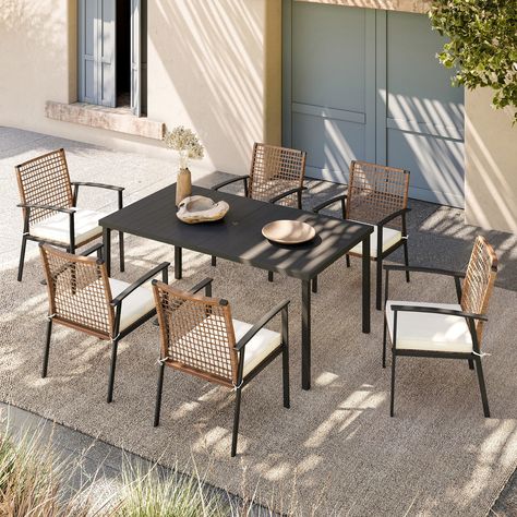 Buy LAUSAINT HOME 7 Pieces Patio Dining Set, 6 Outdoor Dining Chairs with Beige Cushions & 1 Rectangular Table at Walmart.com Metal Outdoor Furniture, Rattan Chairs, Beige Cushions, Aluminum Table, Swivel Seating, Rattan Chair, Patio Dining Set, Outdoor Dining Set, Garden Patio Furniture