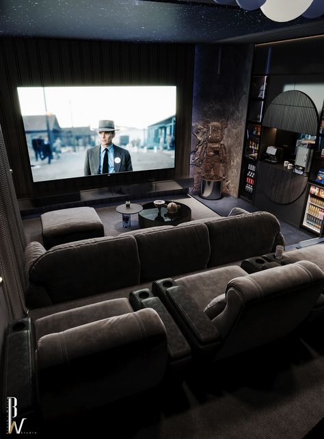 Cinema on Behance Movie Room With Recliners, Tiny Media Room Ideas, Cozy Home Theater Ideas, Modern Movie Theater Room, In Home Theater Ideas, Cozy Theater Room, Movie Room Projector, Movie Theater In House, Mini Theater Room Design