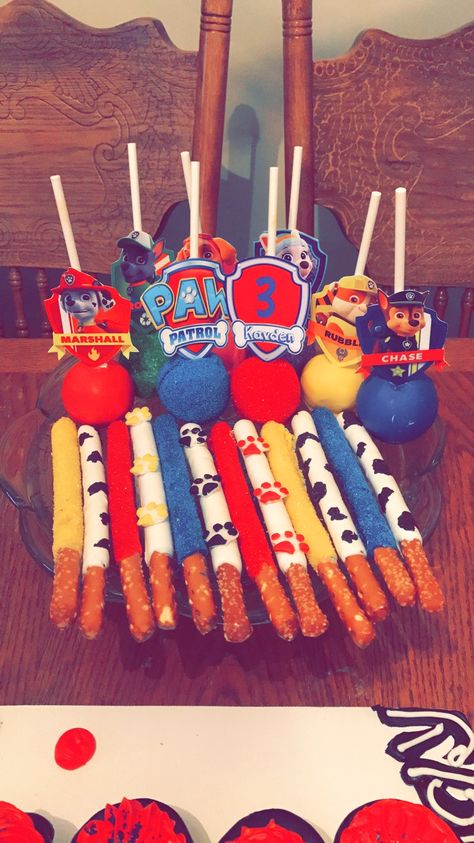 Paw Patrol Birthday Dessert Table, Paw Patrol Pretzels, Paw Patrol Chocolate Covered Pretzels, Paw Patrol Sweet Table Ideas, Paw Patrol Pretzel Rods, Paw Patrol Dessert Ideas, Paw Patrol Birthday Treats, Paw Patrol Strawberries, Paw Patrol Party Treats