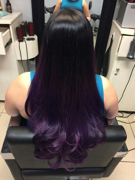 Black To Violet Ombre Hair, Black Fade Into Purple Hair, Purple Ombre Balayage, Purple Ombre On Black Hair, Purple Bottom Hair, Dyed Ends Of Hair Brunettes Purple, Purple And Black Ombre Hair, Dark Purple Ends Hair, Black Purple Hair Ombre