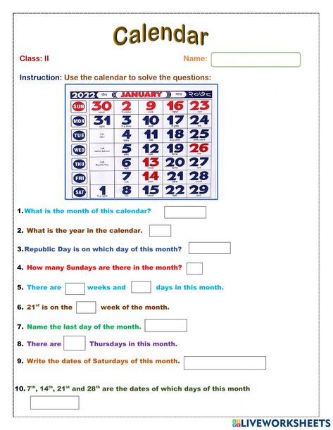 Math Problems For Kids, Calendar Questions, Magical Classroom, Class 3 Maths, Class 1 Maths, Worksheet For Class 2, General Knowledge For Kids, Calendar Worksheets, Calendar Word