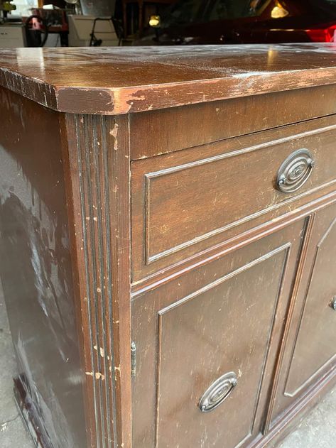 Buffet Flip, Buffet Cabinet Makeover, Buffet Makeover Diy, Thrift And Flip, Vintage Buffet Makeover, Wallpaper Stain, Refinished Buffet, Provincial Dresser Makeover, Apartment Transformation