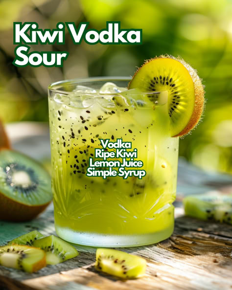 Kiwi Vodka Sour Kiwi Cocktails, Extravagant Cocktails, Kiwi Cocktail, Kiwi Drink, Sour Cocktails, Cocktail Cards, Vodka Sour, Vodka Cocktails Easy, Bartender Drinks Recipes