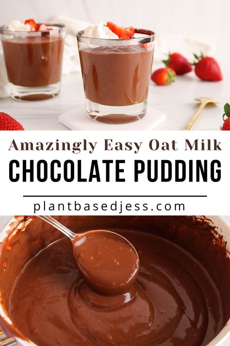 View on a small jar with a vegan oat milk chocolate pudding. Chocolate Oat Pudding, Uses For Oat Milk, Oat Milk Pudding Recipe, Oat Milk Chocolate Pudding, Vegan Chocolate Pudding Recipe, Oat Milk Pudding, Oatmilk Recipes, Recipes With Oat Milk, Cacao Pudding