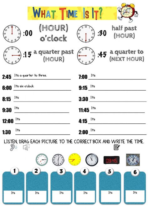 Time Worksheet For Class 4, What Time Is It Worksheet For Kids, Telling The Time Activities, Telling The Time Worksheets, What Time Is It, English Primary School, English For Students, Ingles Kids, Teaching Vowels