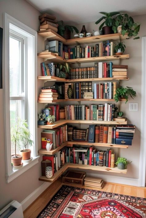 Library Room Floating Shelves, In Wall Bookcase, Living Room Corner Bookshelf, Library In Small Space, Book Corner Ideas Living Room, Bookshelf Interior Design, Corner Hanging Bookshelves, Book Shelf Corner Wall, Corner Bookshelf Ideas Living Room