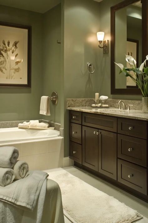 27 Bathroom Paint Color Ideas To Transform Your Space Bathroom Sage Green, Bathroom Paint Color Ideas, Bathroom Paint Color, Sage Green Bathroom, Brown Tile Bathroom, Bathroom 2024, Brown Tile, Paint Color Ideas, Sophisticated Bathroom