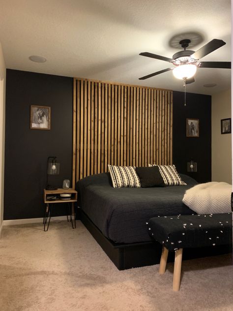 Paneled Headboard Wall, Black Wood Slat Wall Bedroom, Accent Slat Wall Bedroom, Wooden Slat Panelling Bedroom, Slatted Wooden Headboard, Floor To Ceiling Wood Paneling, Bedroom Panelling Slats, Bed Focal Wall, Black Wall With Wood Accents Bedroom