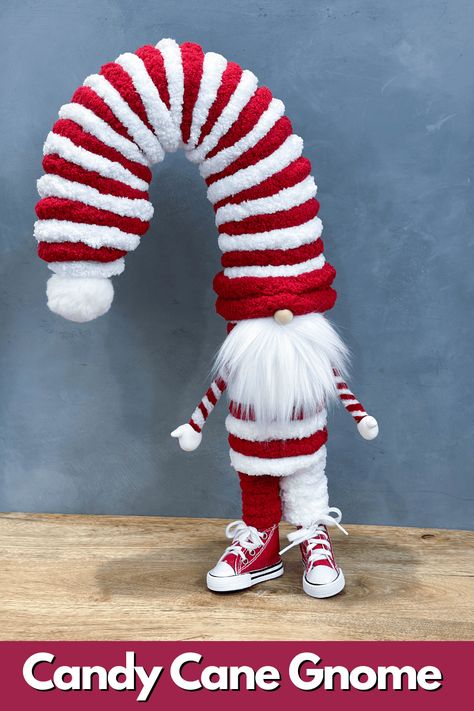 Gnome Santa Diy, Candy Cane Gnome, Dollar Tree Candy Cane Diy, Candy Cane Diy, Yarn Gnomes, Craft Gnomes, Crocheted Gnomes, Gingerbread Gnome, Seasons Craft