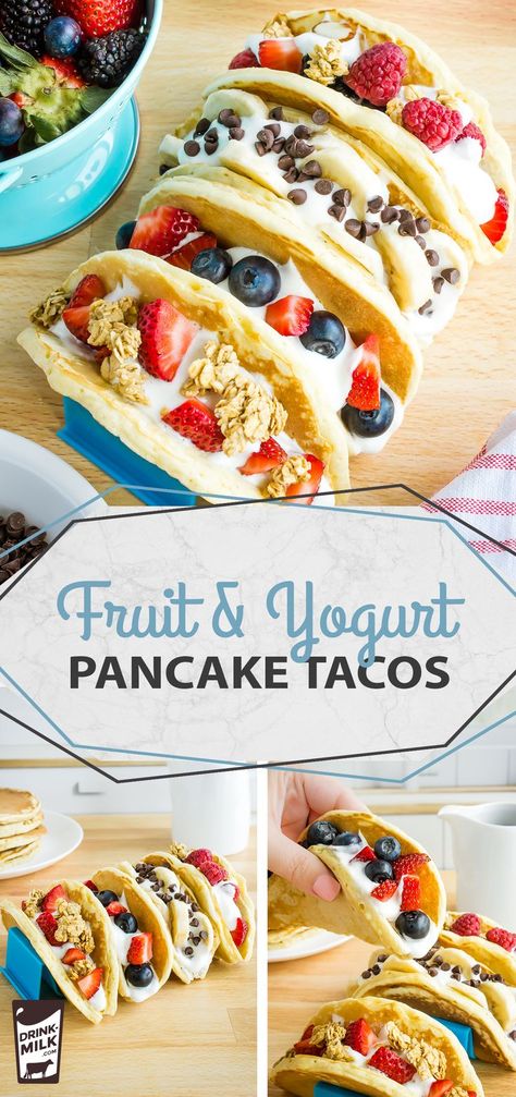 Pancake Fruit Topping, Pancakes With Fruit Topping, Healthy Pancake Toppings, Pancake Topping Ideas, Fruit Tacos, Pancake Tacos, Fruit Taco, Granola Chocolate, Yogurt And Fruit