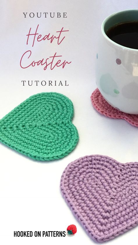 Crocheted heart shaped coasters Crochet Heart Coasters Free Pattern, Crochet Valentine Coasters Free Pattern, Crochet Coaster Tutorial Videos, Heart Coasters Crochet, Crochet Patterns Coster, Crochet Heart Coaster, Heart Coaster, Heart Granny Square Coaster, Easy Crochet Patterns Free Beginners