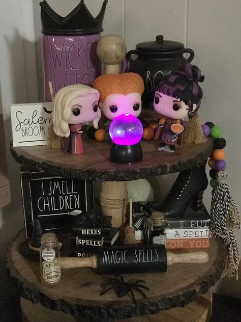 Hocus Pocus Tray Decor, Tired Tray Decor Halloween, Easy Diy Hocus Pocus Decorations, Hocus Pocus Room Decor, Hocos Pocos Decorations, Disney Halloween Crafts Diy, Hocus Pocus Tiered Tray Decor, Hocus Pocus Kitchen Decor, Hocus Pocus Home Decor Ideas