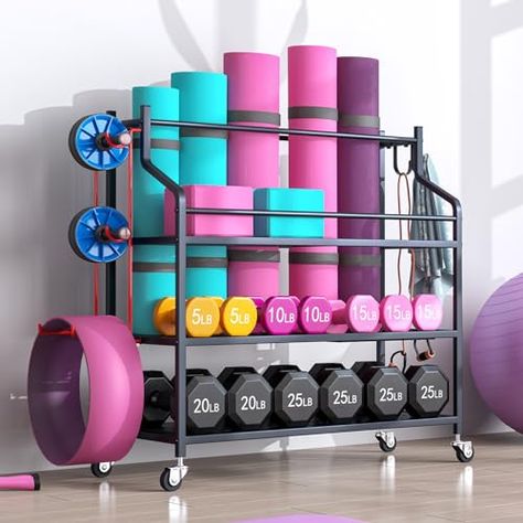 Azheruol Yoga Mat Storage Rack Cart Multifunctional large Capacity Dumbbell Stable Steel Rolling Storage rack for Large Rolling Kettlebells Rope,Home Gym Workout Organizer Fitness Sports for Home Sports Gear Storage, Sports Equipment Organization, Fitness Organization, Gym Organizer, Home Gym Workout, Yoga Mat Storage, Steel Storage Rack, Jump Rope Workout, Ball Storage