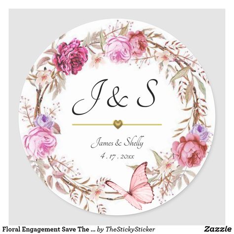 Floral Engagement Save The Date Announcement Classic Round Sticker Engagement Stickers, Engagement Save The Date, Save The Date Calendar, Date Stickers, Invitation Background, Save The Date Photos, Save The Date Templates, Save The Date Magnets, Wedding Stickers