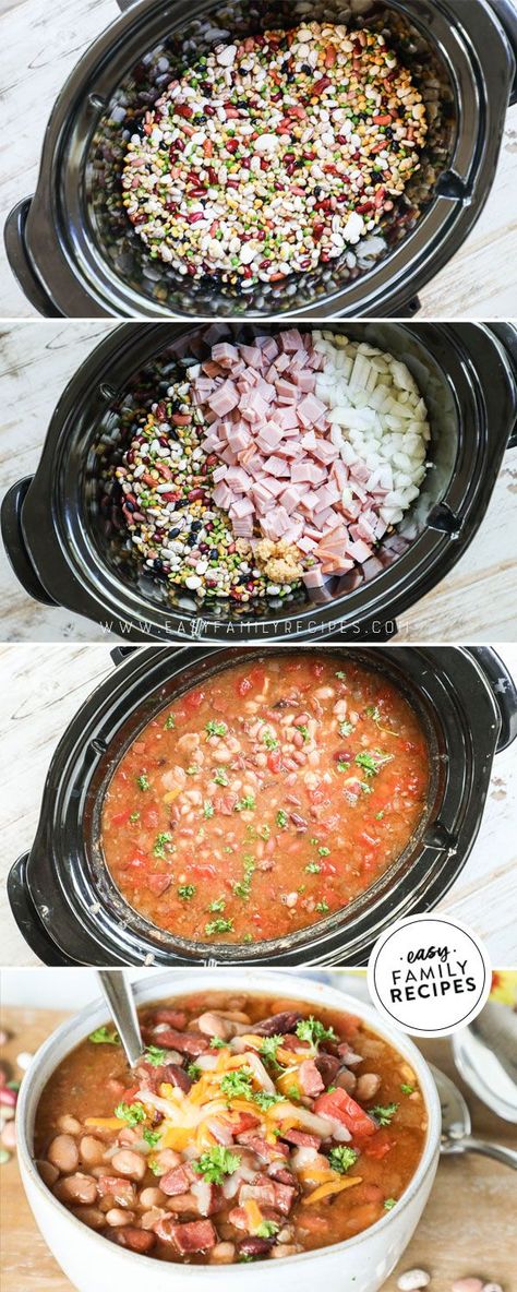 This 15 bean soup is hearty and DELICIOUS!! Made with Hurst Hambeen's 15 Bean Soup, this recipe is quick to prep and the slow cooker will do the hard work cooking away! This meal will feed a crowd, or a houseful of hungry kids. Flavored with 15 types of beans, ham, and rich broth, this meal is the perfect cozy dinner for a cold night in! 15 Bean Crockpot Soup, 16 Bean Soup Crockpot Slow Cooker, Crockpot Bean Soups, Hambeens 15 Bean Soup Crock Pot, 15 Beans In Crockpot, 15 Bean Soup Recipe Crock Pots, 15 Bean Soup Crock Pot Ham Hock, 9 Bean Soup Recipe Crock Pots, 15 Bean Soup Crock Pot Sausage