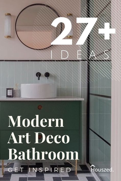 Art Deco Apartment Bathroom, Modern Art Deco Inspired Bathroom, Art Deco Bathrooms Modern, Bathroom Decor Art Deco, Art Deco Bathroom Tile Ideas, Bathroom Ideas Art Deco, Art Deco Laundry, Art Deco Cloakroom, Powder Room Art Deco