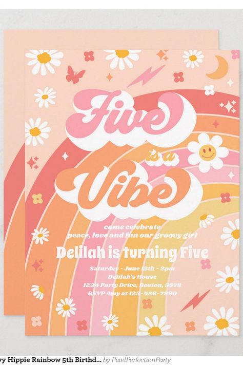 Five Is A Vibe Groovy Hippie Rainbow 5th Birthday Invitation Girl Birthday Themes 5th, Girl 5th Birthday Party Themes, 5th Birthday Party Themes, Five Is A Vibe, 5th Birthday Invitation, Hippie Birthday, Rainbow Birthday Invitations, Girl Birthday Themes, Rainbow Birthday