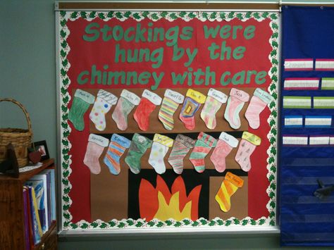 Each student decorated a stocking. Christmas Bulletin Board Decorations, December Bulletin Boards, Holiday Bulletin Boards, Christmas Bulletin Boards, Winter Bulletin Boards, Christmas Bulletin Board, Preschool Bulletin, Christmas Bulletin, Preschool Bulletin Boards