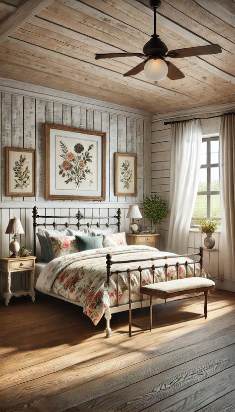 🌾 21 Dreamy Farmhouse Bedroom Decorating Ideas You Can't Resist! 🌾 Farmhouse Bedroom Wall Decor Ideas, Wrought Iron Bed Frame, Farmhouse Bedroom Wall Decor, Farmhouse Bedroom Wall, Country Chic Bedroom, Wooden Canopy Bed, Cottage Style Bedroom, Reclaimed Wood Bed Frame, Rustic Wooden Bed