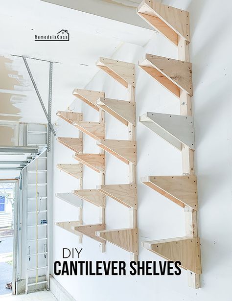 DIY - Lumber rack - #thdprospective #milwaukee Lumber Racks Diy, Garage Lumber Rack, Easy Storage Shelves Diy, Garage Racking Ideas, Lumber Rack Storage Diy, Garage Shelving Ideas Diy, Diy Lumber Rack, Cantilever Shelves, Wood Shelfs