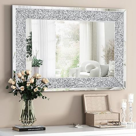 Amazon.com: ENENE Crystal Crush Diamond Wall Mirror 47.2''x31.5'' Rectangle Silver Mirrors for Wall Decorative Large Wall Mirrors for Bathroom Living Room Bedroom Entryway : Home & Kitchen Minimalist Environment, Accent Wall Mirror, Crushed Diamonds, Silver Wall Mirror, Mirror Wall Living Room, Diamond Mirror, Diamond Wall, Large Wall Mirror, Acrylic Decor