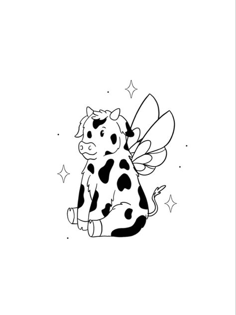 Cow Poster Design, Cow Flash Tattoo, Fairy Cow Tattoo, Fairy Animal Tattoo, Cow Drawing Cute, Mini Cow Tattoo, Little Cow Tattoo, Cow Tattoo Ideas, Cute Cow Tattoo