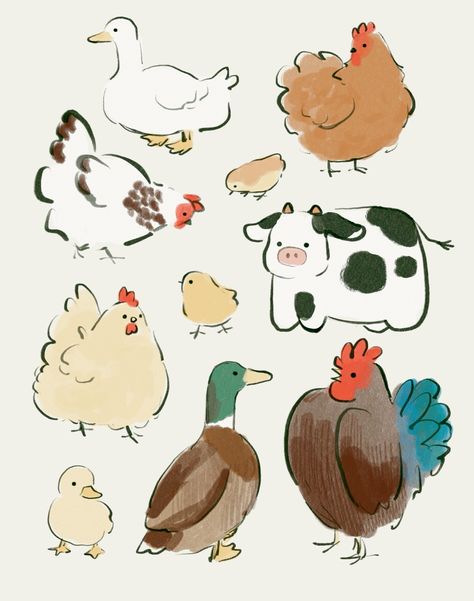 Farm Animal Sketches, Chicken Drawing, The Chicks, Cute Sketches, Animal Doodles, Animal Farm, Animal Sketches, Cute Little Drawings, Cute Art Styles