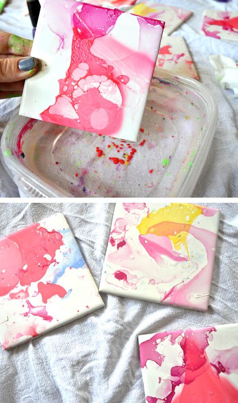 A tile dipped into water with nail polish dropped into it makes these beautiful coasters Ceramic Tile Crafts, Kids Nail Polish, Diy Jewelry To Sell, Nail Polish Crafts, Polish Ceramics, Diy Nail Polish, Tile Crafts, Astuces Diy, Nail Polish Art