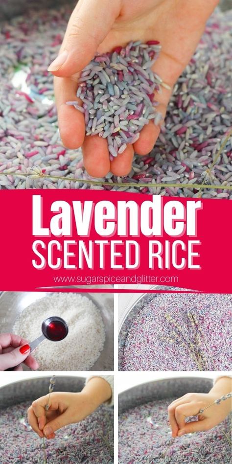 How to make lavender scented rice for a calming sensory bin for before bed or nap time. This lavender scented rice can also be used to make a writing tray for kids to draw letters and designs into. Scented Rice Sensory Bin, Lavender Sensory Rice, Diy Rice Sensory Bin, Scented Sensory Bin, Lavender Rice Sensory Bin, Lavender Crafts For Kids, Sensory Bin Diy, Rice Sensory Bin, Lavender Rice