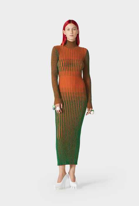 Discover the Orange Cyber Knit Dress Jean Paul Gaultier. Jean Paul Gaultier Dress, Jean Paul Gaultier Red Dress, Jean Paul Gaultier 2022, Jean Paul Gaultier Knitwear, Merino Wool Dress, Orange Jeans, Jean Paul Gaultier 2022 Spring, Jean Paul Gaultier Spring 2022 Couture, Fitted Turtleneck