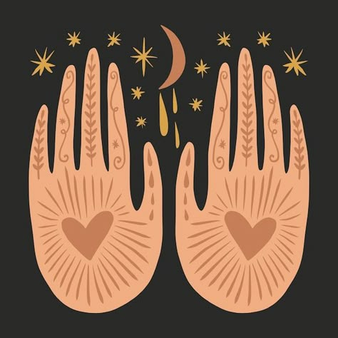 Magical boho hands art mystical reiki me... | Premium Vector #Freepik #vector #vintage-collage #creative-graphics #illustration-art #simple-illustration Magic Vector Illustration, Open Hand Illustration, Hands Illustration Simple, Magic Crystal Art, Pottery Branding, Witchy Illustration, Meditation Illustration, Magic Illustration, Crystal Illustration