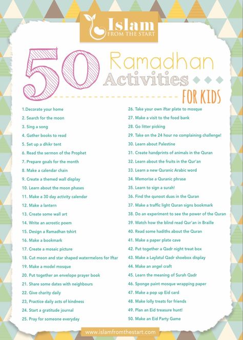 50 Ramadhan Activity Ideas Poster | Islam From the Start Ramadan Printables, Ramadan Quran, Ramadan Tips, Muslim Kids Activities, Ramadan Celebration, Islam Ramadan, Islamic Kids Activities, Ramadan Kids, Ramadan Kareem Decoration