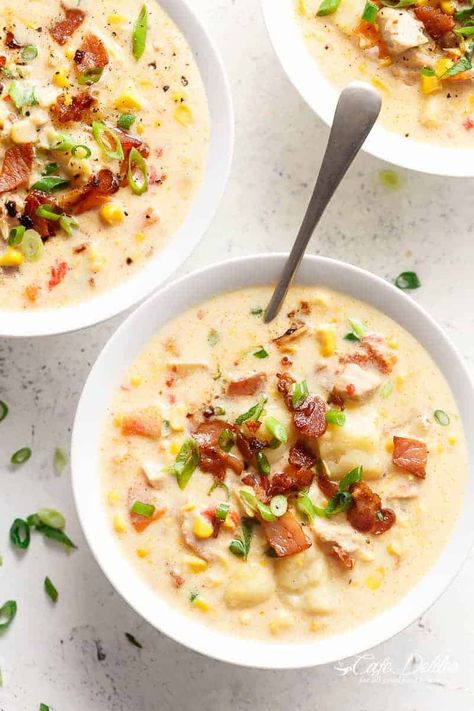 Chicken Corn Chowder - Cafe Delites Caprese Frittata, Carbonara Chicken, Slow Cooker Chicken Potatoes, Avocado Cafe, Salmon Dinners, Salmon Piccata, Tuscan Salmon, Cleaning Eating, Parmesan Salmon