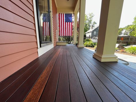 When and How to Refinish a Mahogany Deck - Concord Carpenter Mahogany Deck, Screen Porches, Mahogany Decking, Best Bathroom Flooring, Ipe Decking, Deck Cleaning, Finish Carpentry, Mineral Spirits, Post Cap