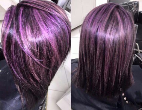 My purple highlights done at The Salon in Ulta Dark Purple Hair With Light Purple Highlights, Purple Hair Highlights Wolfcut, Purple Hair With Highlights, Purple Chunky Highlights, Purple With Highlights, Light Purple Highlights, Purple Highlights Brown Hair, Purple Hair Streaks, Purple Hair Dye