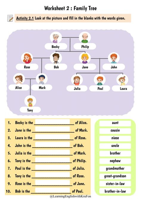 Family Vocabulary English, Family Tree Ideas For Kids, Family Tree Activity, Family Tree Ideas, Tree Worksheet, British Royal Family Tree, Tree Activity, Phylogenetic Tree, Family Tree Worksheet