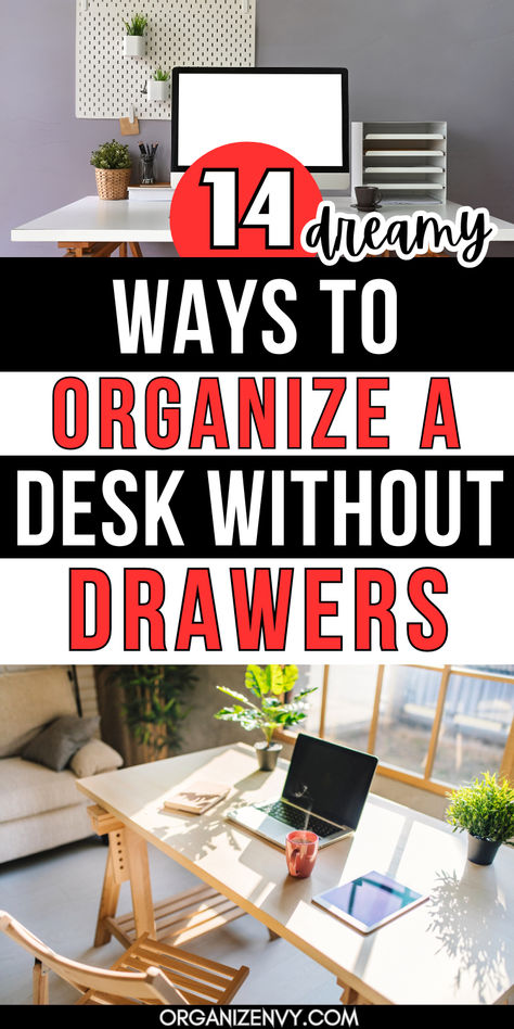 Photos of home office desks without drawers Easy Office Organization Ideas, How To Organize An Office At Home, Desktop Pen Organization, Desk Storage Drawers, Home Office Ideas With Computer Monitors, Desk Storage Ideas Organizing, Functional Desk Organization, Aesthetic Desk Organization Ideas, Office Organization At Work Dollar Tree