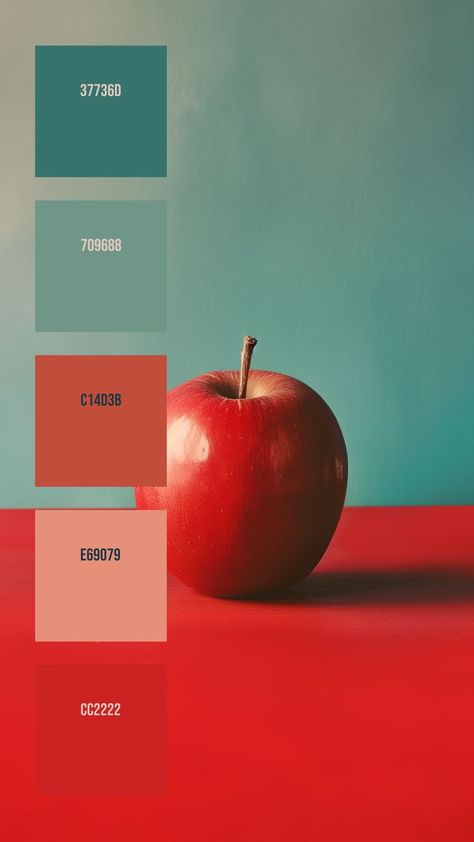 Colors: 37736D ° 709688 ° C14D3B ° E69079 ° CC2222 Red Color Pallets, Flat Color Palette, Retro Color Palette, Hex Color Palette, Red Color Schemes, Red Colour Palette, Apple Coloring, Color Meanings, Matte Red