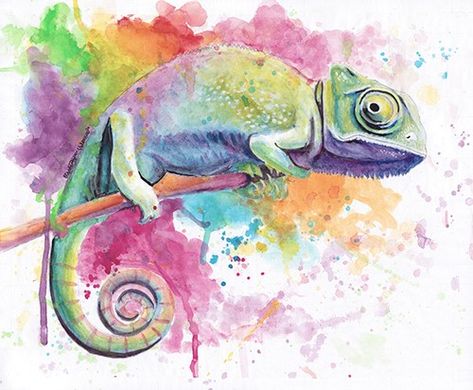 Chameleon Watercolor Paintings, Cameleon Art Drawing, Watercolor Reptile, Cameleon Art, Chameleon Watercolor, Chameleon Art, Geisha Art, Painting Tool, Turtle Painting