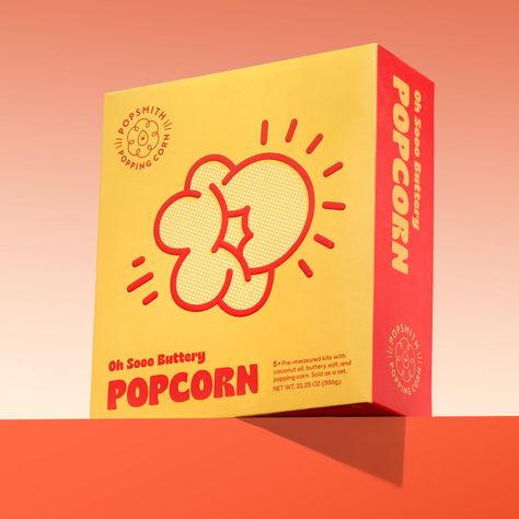 A box of Oh Sooo Buttery popcorn on a red gradient background Popcorn Package Design, Pop Art Packaging Design, Creative Packaging Design Food, Red Packaging Design, Popcorn Packaging Design, Popcorn Illustration, Asian Packaging, Retro Popcorn, Popcorn At Home