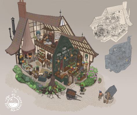 Alchemist Workshop Concept Art, Antique Shop Concept Art, Apothecary Building, Magic Shop Drawing, Techno Witch, Alchemy Workshop, Alchemist Shop, Alchemy Aesthetic, Alchemist Aesthetic