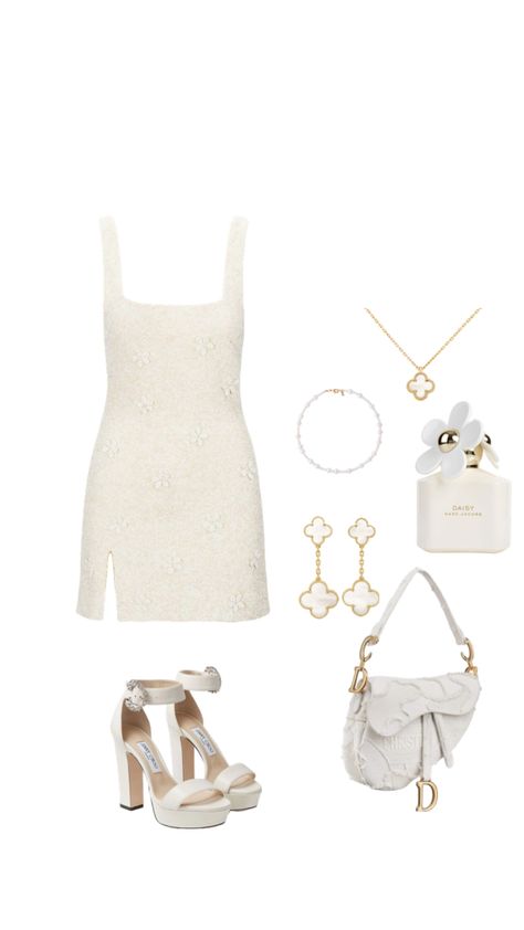 #outfitinspo #graduationdress White Dress Heels, Gold Chanel Bag, Heels Chanel, Dress Heels, Dress And Heels, Classy Outfits, Chanel Bag, Graduation Dress, Gold Jewelry